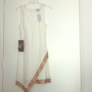 Bebe Off White Dress w/Gold Trim Rhinestones